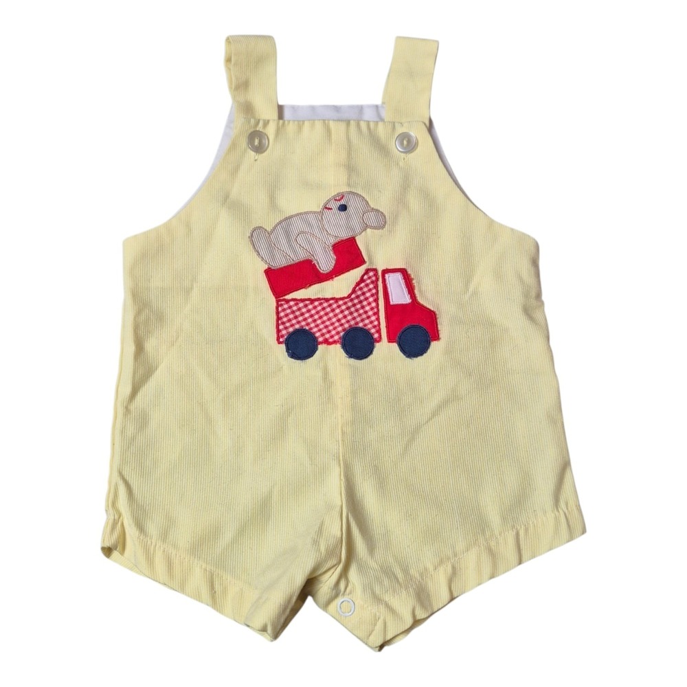 VTG Samara Infant 0-3 Mon Yellow Dump Truck Shortall‎ Romper Baby Retro Nursery